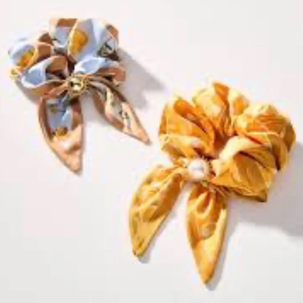 NWT Anthropologie Charmed Scarf Scrunchies Pattern Yellow Blue Tan Faux Pearl